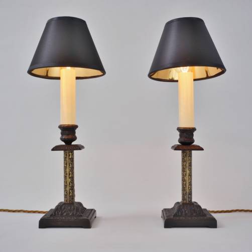 Pair antique candlestick table lamps, Aesthetic Movement, iron & brass, 1890`s ca, English